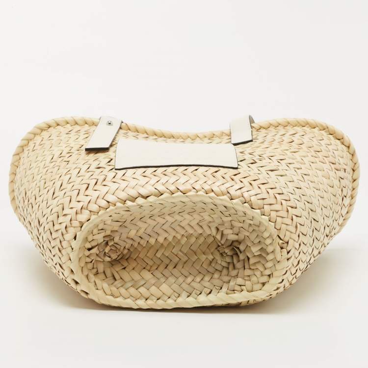 Pre Owned  Loewe Beige/White Woven Raffia and Leather Basket Bag