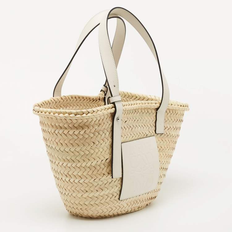Pre Owned  Loewe Beige/White Woven Raffia and Leather Basket Bag