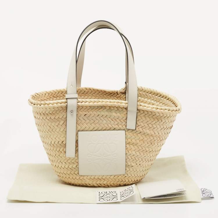 Pre Owned  Loewe Beige/White Woven Raffia and Leather Basket Bag