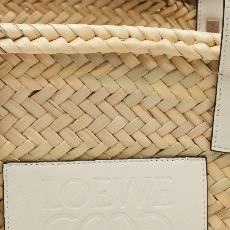 Pre Owned  Loewe Beige/White Woven Raffia and Leather Basket Bag