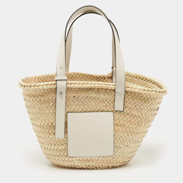 Loewe Beige/White Woven Raffia and Leather Basket Bag Loewe