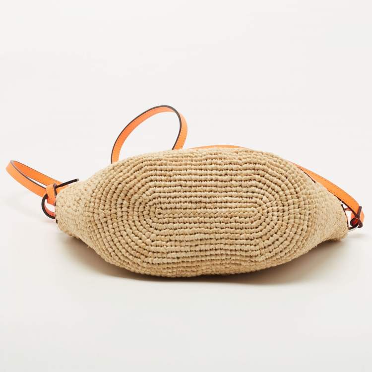 Pre Owned Loewe Beige/Orange Paula's Ibiza Raffia and Leather Crossbody Bag
