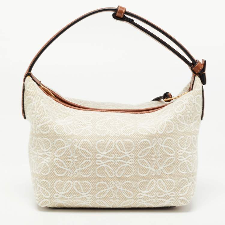Pre Owned Loewe Ecru/Tan Jacquard Canvas and Leather Small Cubi Anagram Shoulder Bag