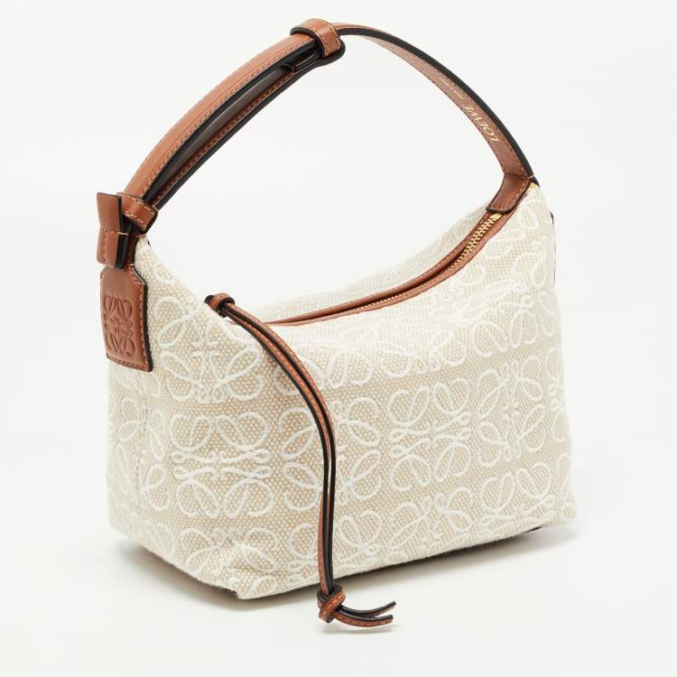 Pre Owned Loewe Ecru/Tan Jacquard Canvas and Leather Small Cubi Anagram Shoulder Bag