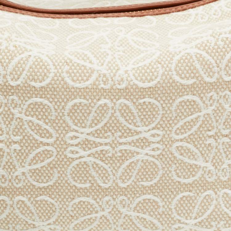 Pre Owned Loewe Ecru/Tan Jacquard Canvas and Leather Small Cubi Anagram Shoulder Bag