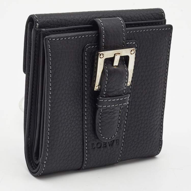 Pre Owned Loewe Black Leather Buckle French Compact Wallet