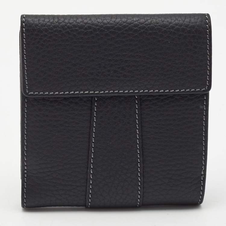 Pre Owned Loewe Black Leather Buckle French Compact Wallet
