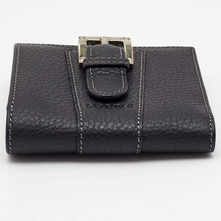 Pre Owned Loewe Black Leather Buckle French Compact Wallet