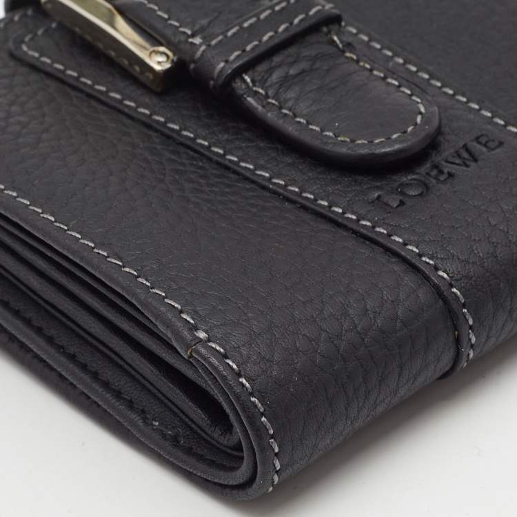 Pre Owned Loewe Black Leather Buckle French Compact Wallet