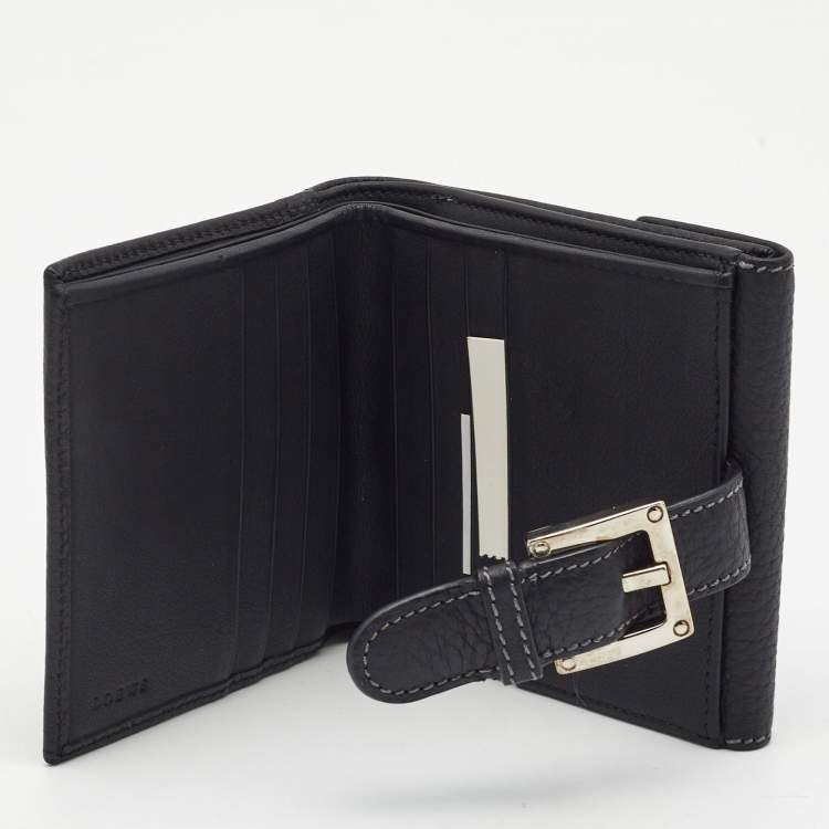 Pre Owned Loewe Black Leather Buckle French Compact Wallet
