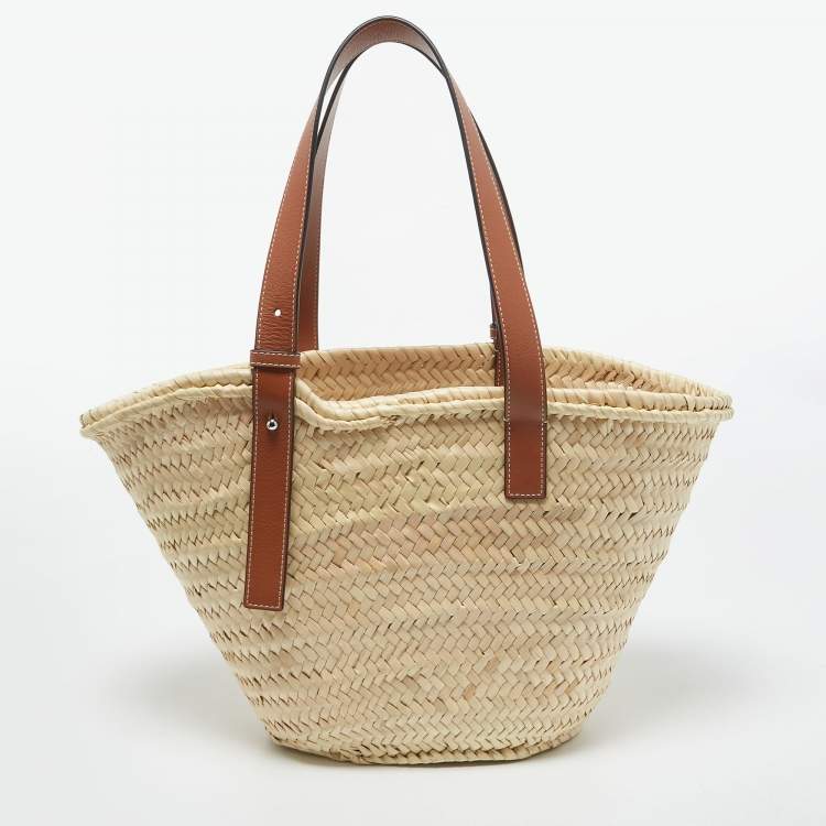 Pre Owned Loewe Brown/Natural Palm Leaf and Leather Medium Basket Tote