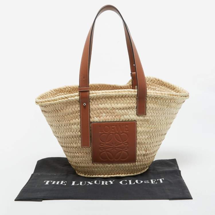Pre Owned Loewe Brown/Natural Palm Leaf and Leather Medium Basket Tote