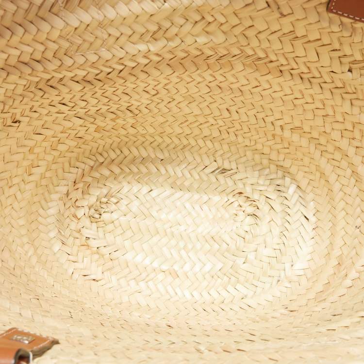 Pre Owned Loewe Brown/Natural Palm Leaf and Leather Medium Basket Tote