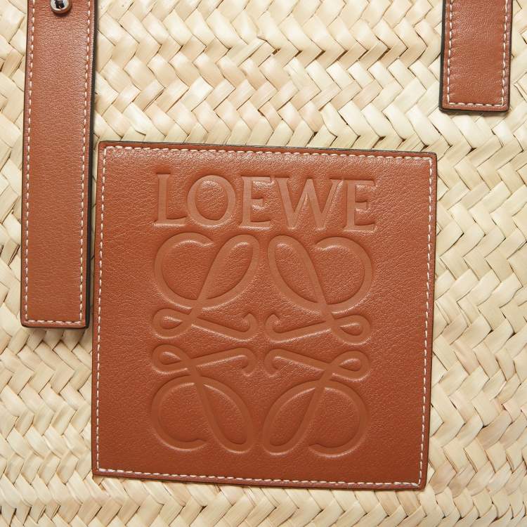 Pre Owned Loewe Brown/Natural Palm Leaf and Leather Medium Basket Tote