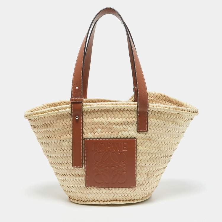 Pre Owned Loewe Brown/Natural Palm Leaf and Leather Medium Basket Tote