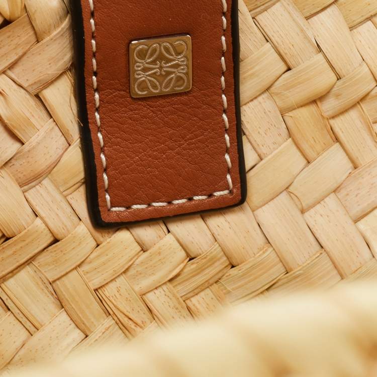 Pre Owned Loewe Brown/Natural Palm Leaf and Leather Small Basket Tote