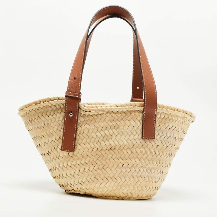 Pre Owned Loewe Brown/Natural Palm Leaf and Leather Small Basket Tote