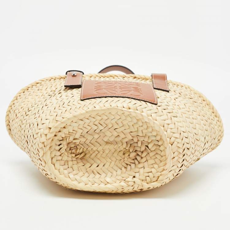 Pre Owned Loewe Brown/Natural Palm Leaf and Leather Small Basket Tote