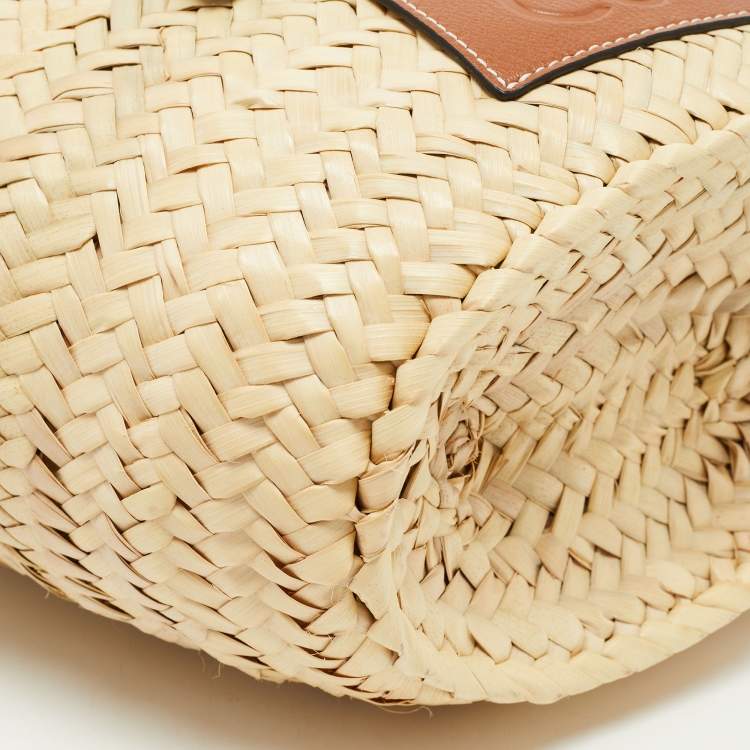 Pre Owned Loewe Brown/Natural Palm Leaf and Leather Small Basket Tote