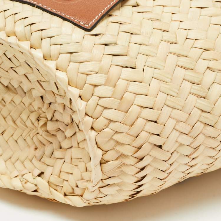 Pre Owned Loewe Brown/Natural Palm Leaf and Leather Small Basket Tote