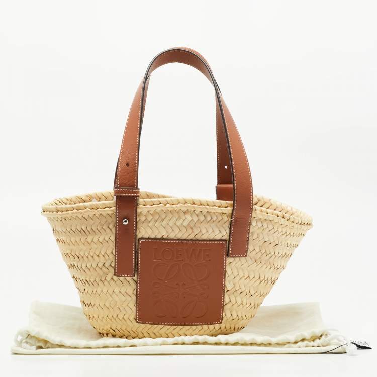 Pre Owned Loewe Brown/Natural Palm Leaf and Leather Small Basket Tote