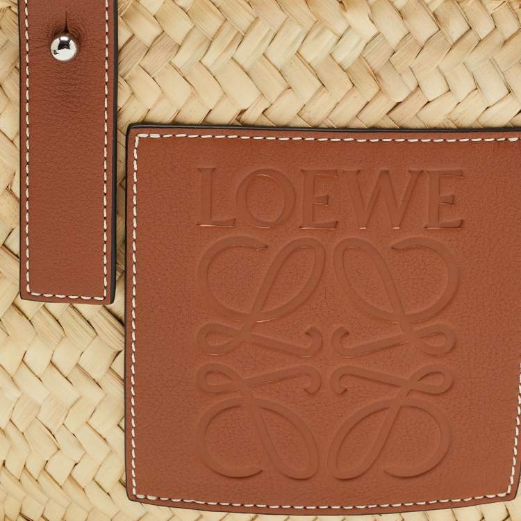 Pre Owned Loewe Brown/Natural Palm Leaf and Leather Small Basket Tote