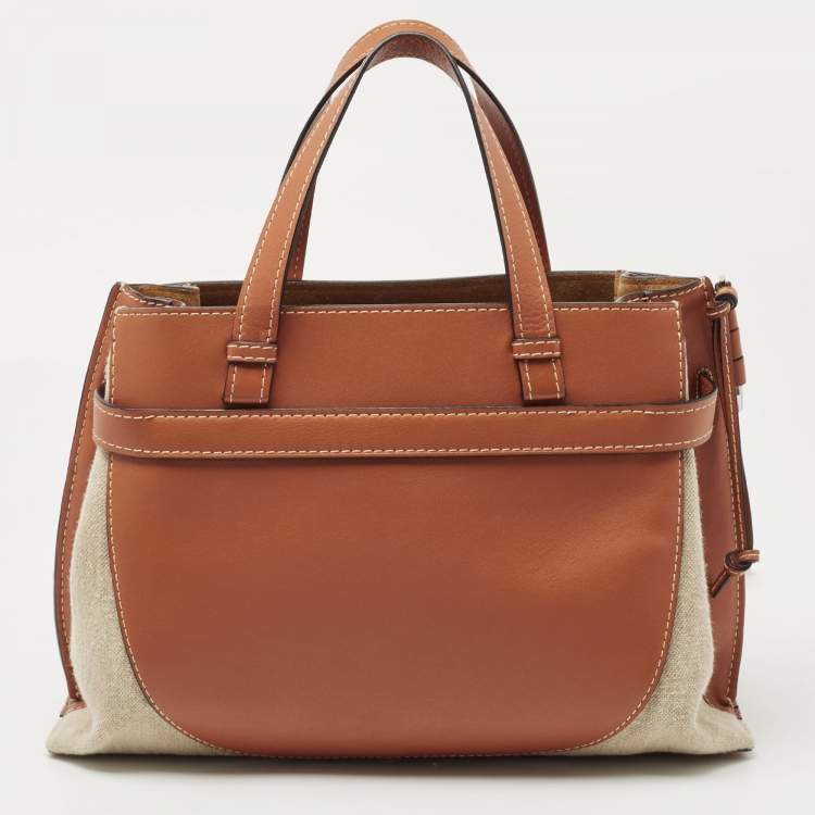 Pre Owned Loewe Tan/Beige Leather and Canvas Medium Gate Tote