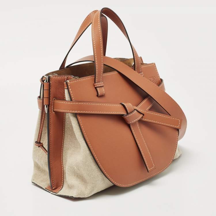 Pre Owned Loewe Tan/Beige Leather and Canvas Medium Gate Tote