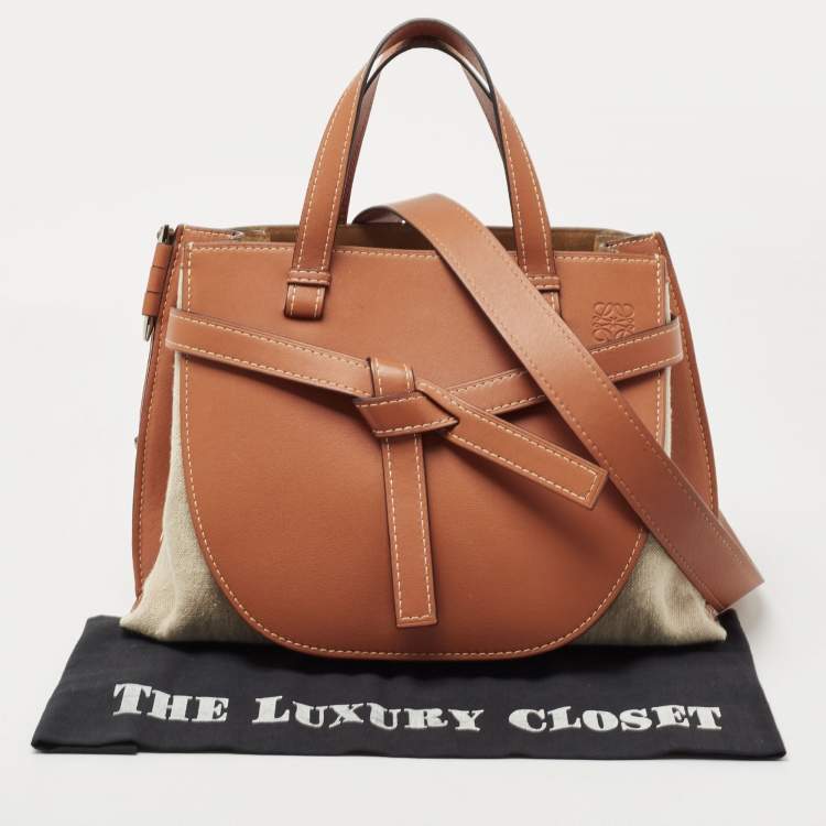 Pre Owned Loewe Tan/Beige Leather and Canvas Medium Gate Tote