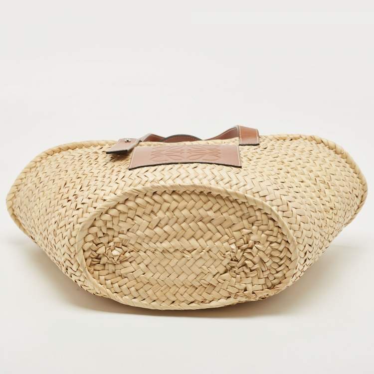 Pre Owned Loewe Brown/Cream Raffia and Leather Basket Tote