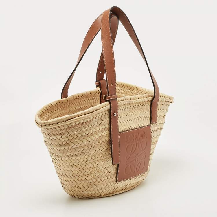 Pre Owned Loewe Brown/Cream Raffia and Leather Basket Tote