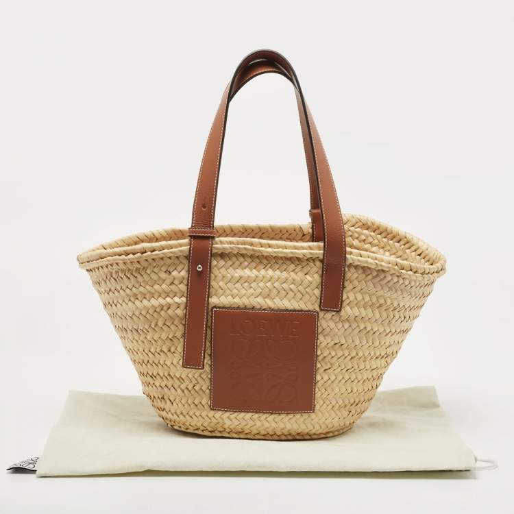 Pre Owned Loewe Brown/Cream Raffia and Leather Basket Tote