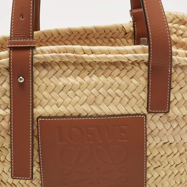 Pre Owned Loewe Brown/Cream Raffia and Leather Basket Tote