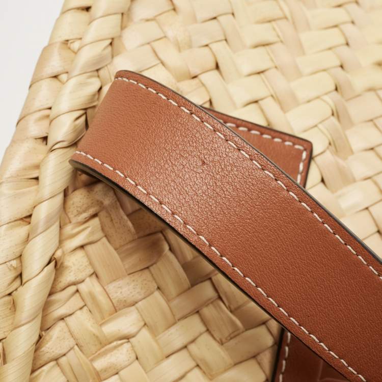 Pre Owned Loewe Brown/Cream Raffia and Leather Basket Tote