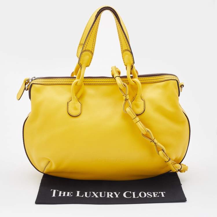 Pre Owned Loewe Yellow Leather Logo Embossed Hobo