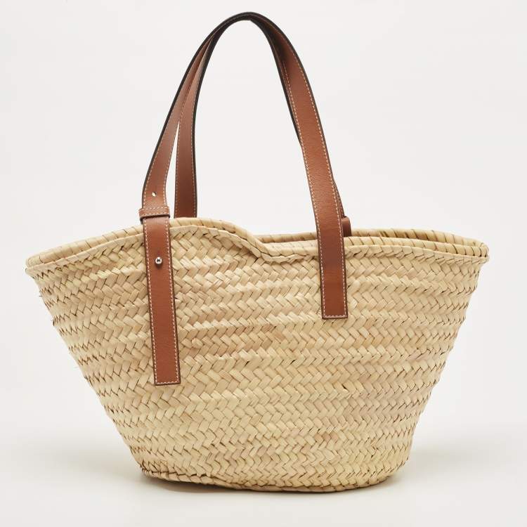 Pre Owned Loewe Brown/Natural Palm Leaf and Leather Medium Basket Tote