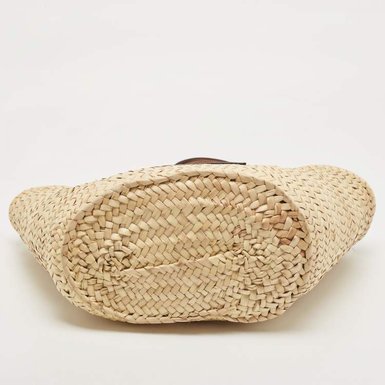 Pre Owned Loewe Brown/Natural Palm Leaf and Leather Medium Basket Tote