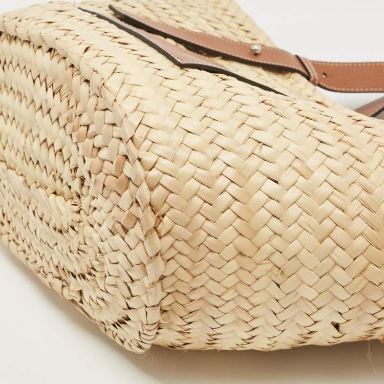 Pre Owned Loewe Brown/Natural Palm Leaf and Leather Medium Basket Tote