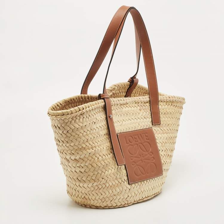 Pre Owned Loewe Brown/Natural Palm Leaf and Leather Medium Basket Tote