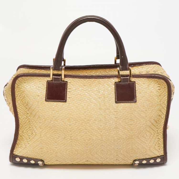 Pre Owned Loewe Cream/Brown Raffia and Leather Amazona 36 Satchel 