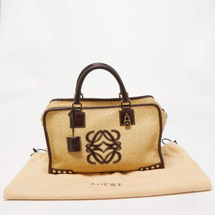 Pre Owned Loewe Cream/Brown Raffia and Leather Amazona 36 Satchel 