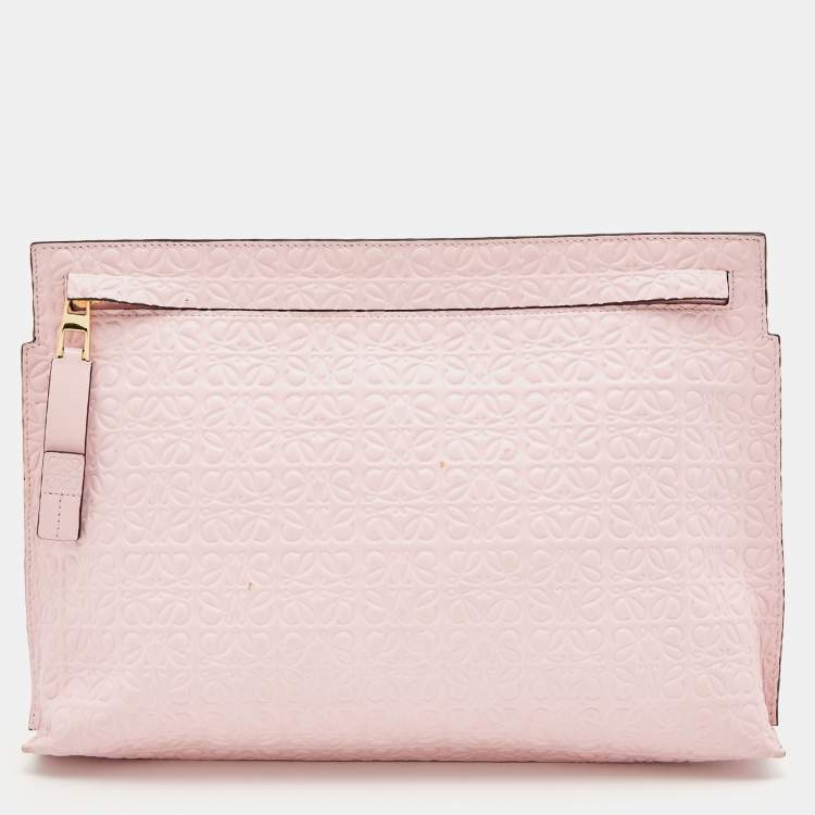 Pre Owned Loewe Pink Embossed Leather Anagram T Pouch