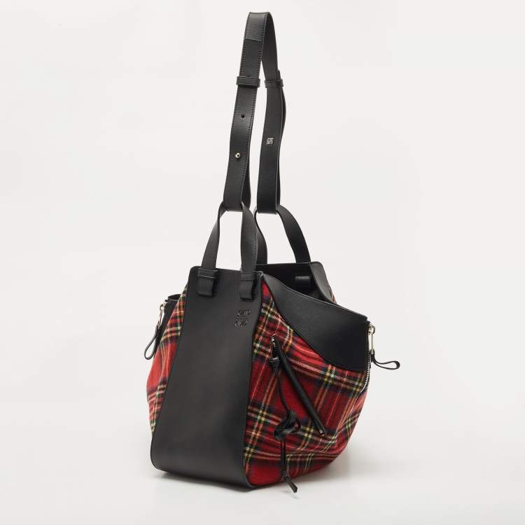 Pre Owned Loewe Black/Red Tartan Wool and Leather Medium Hammock Shoulder Bag