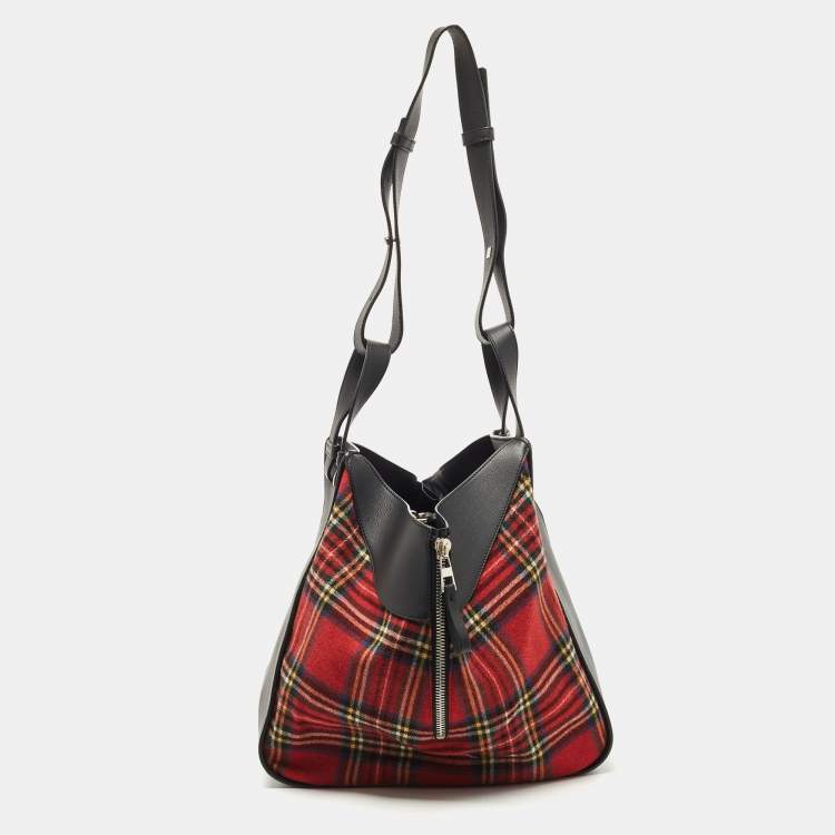 Pre Owned Loewe Black/Red Tartan Wool and Leather Medium Hammock Shoulder Bag