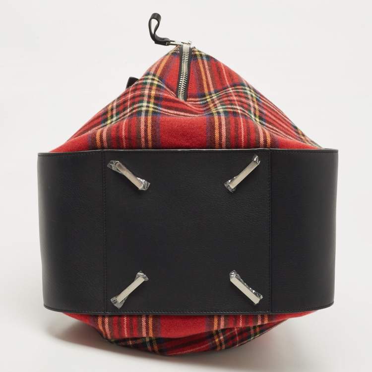 Pre Owned Loewe Black/Red Tartan Wool and Leather Medium Hammock Shoulder Bag