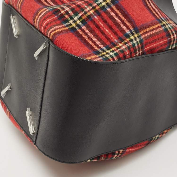 Pre Owned Loewe Black/Red Tartan Wool and Leather Medium Hammock Shoulder Bag
