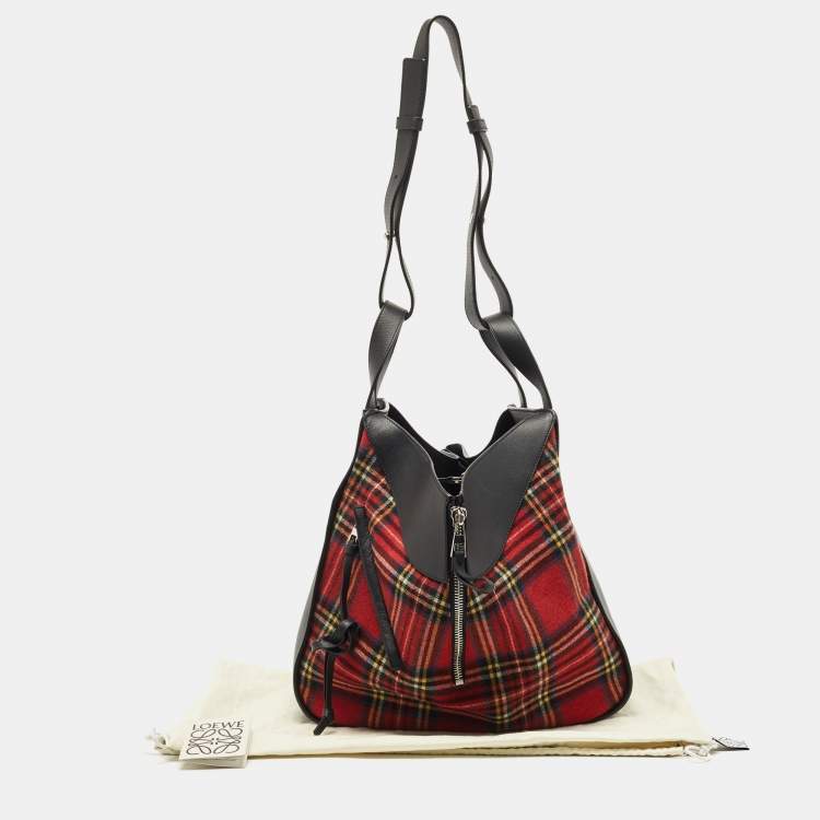 Pre Owned Loewe Black/Red Tartan Wool and Leather Medium Hammock Shoulder Bag