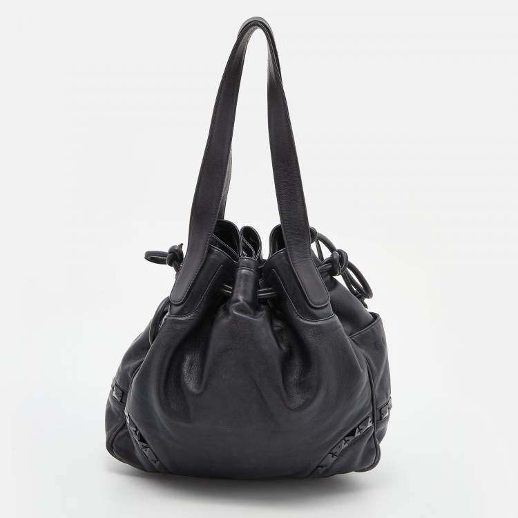 Pre Owned Loewe Black Leather Embellished Drawstring Bucket Bag