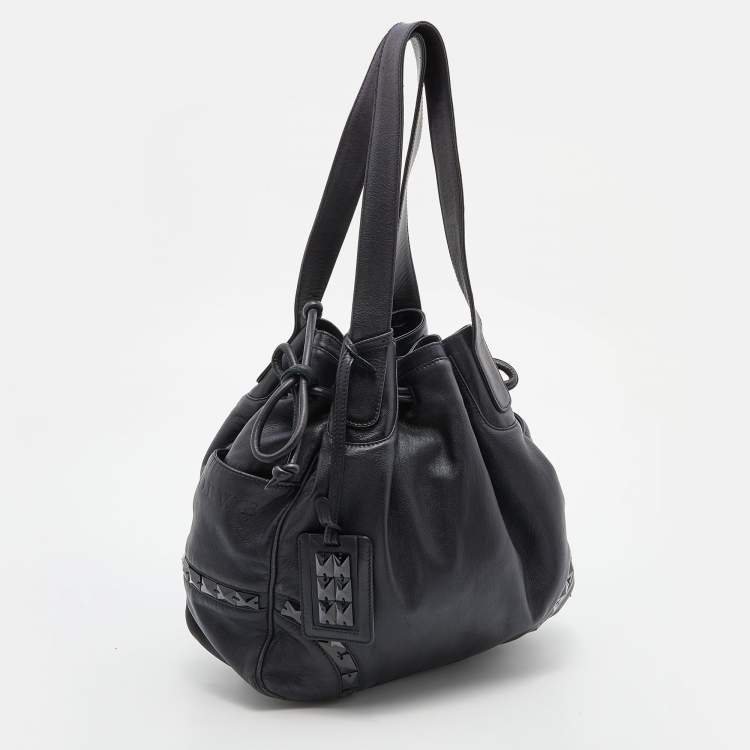 Pre Owned Loewe Black Leather Embellished Drawstring Bucket Bag