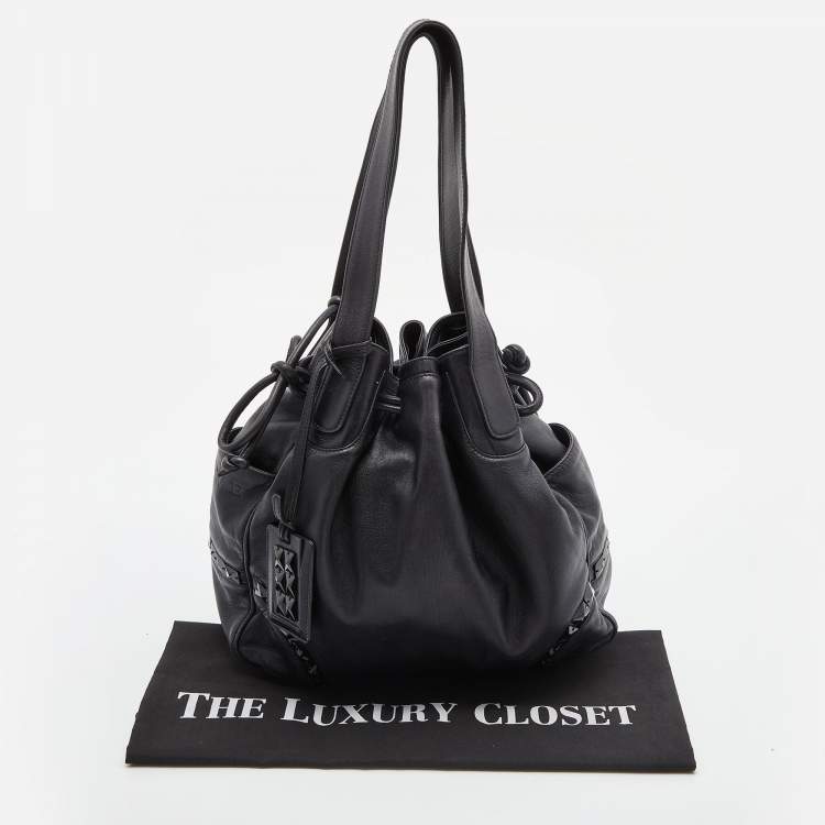Pre Owned Loewe Black Leather Embellished Drawstring Bucket Bag